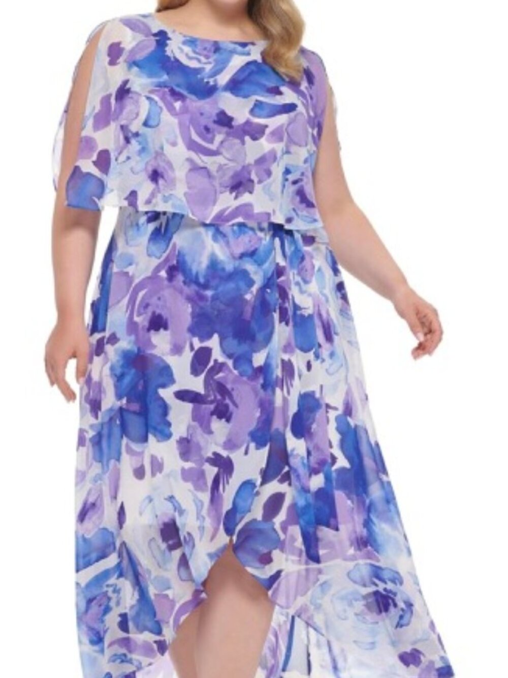 Jessica Howard 18W Purple Blue Floral Chiffon Cape Sleeve High-Low Maxi Dress EU